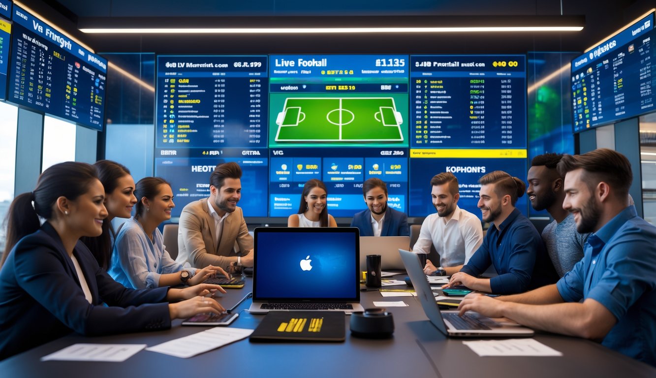 Sekelompok orang di ruangan modern sedang menggunakan perangkat elektronik untuk memasang taruhan sepak bola dengan layar besar menampilkan statistik pertandingan.
