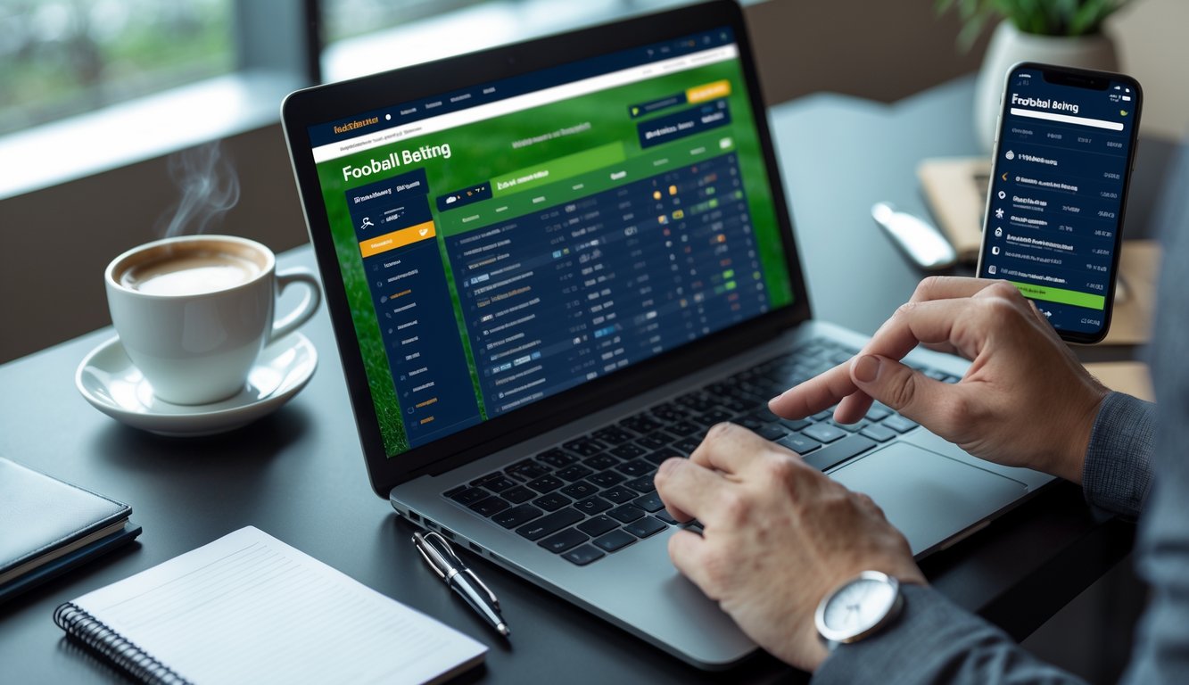 Seseorang menggunakan laptop dan ponsel untuk taruhan bola online di ruang kerja yang rapi dan modern.