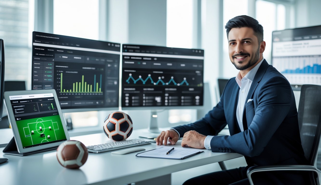 Seorang analis olahraga sedang bekerja di depan beberapa layar komputer dengan data dan grafik pertandingan sepak bola di sebuah kantor yang rapi.