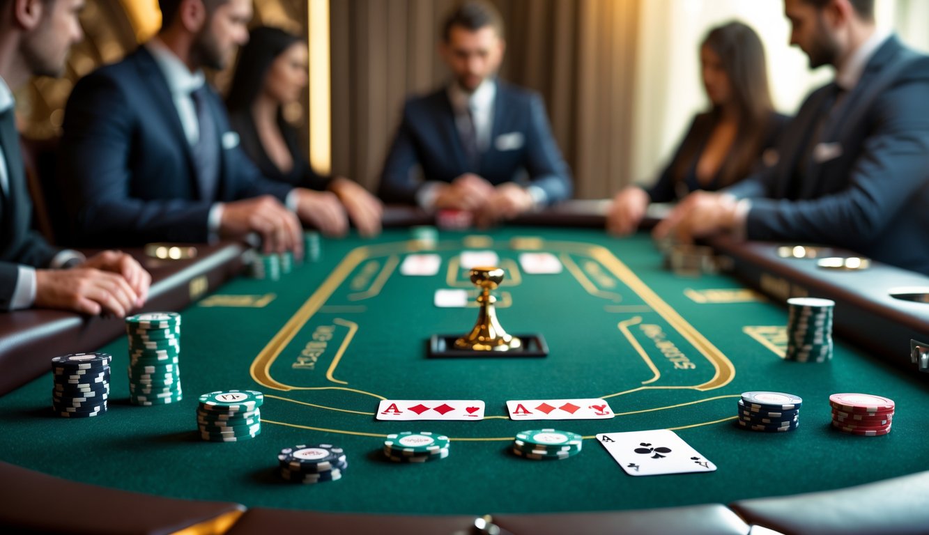Meja poker mewah dengan chip dan kartu, dikelilingi pemain yang serius di kasino.