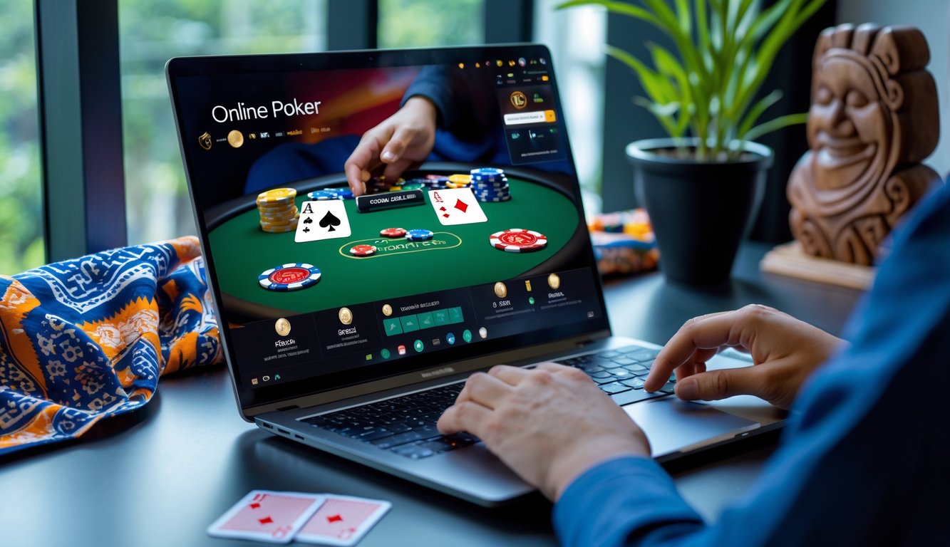 Seorang pemain menggunakan laptop untuk bermain poker online dengan chip dan kartu di layar, di meja yang rapi dengan elemen budaya Indonesia di latar belakang.