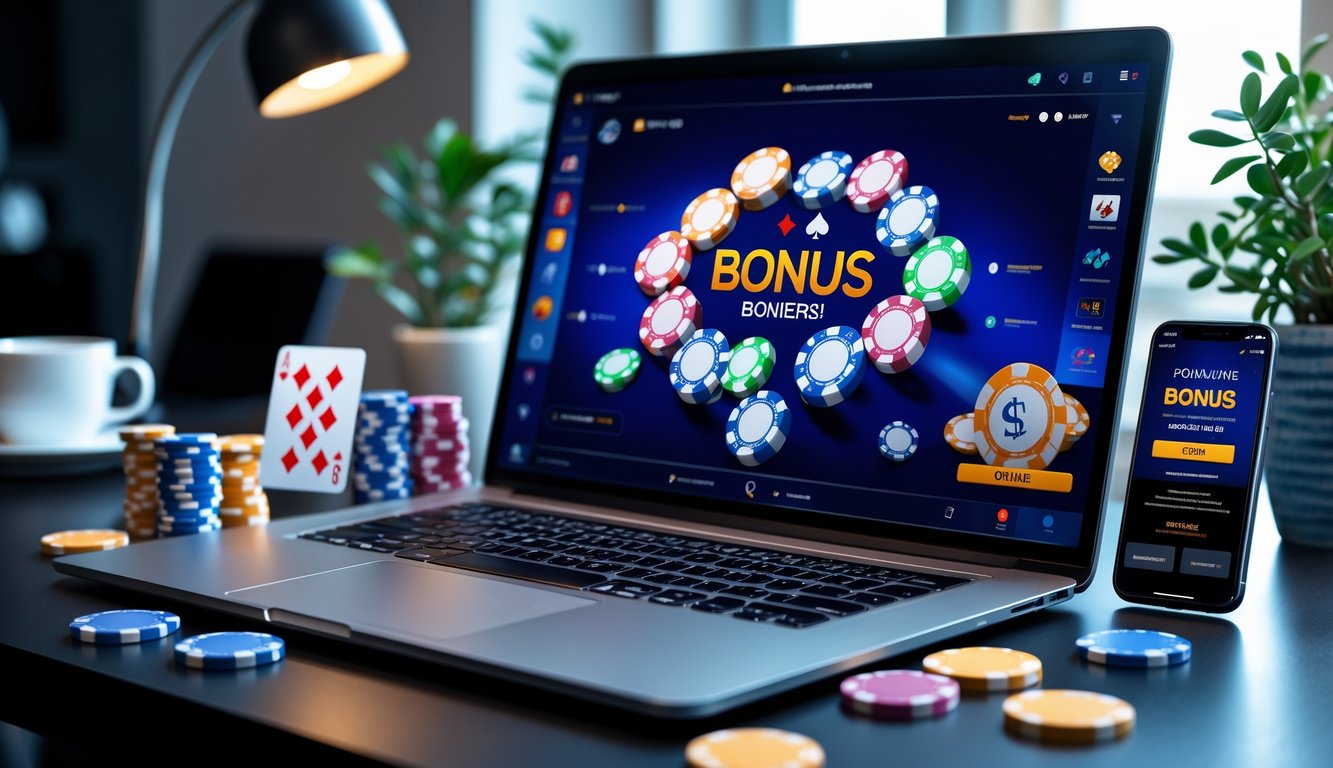 Setup permainan poker online dengan laptop, chip poker, kartu, dan ponsel di meja kerja modern.