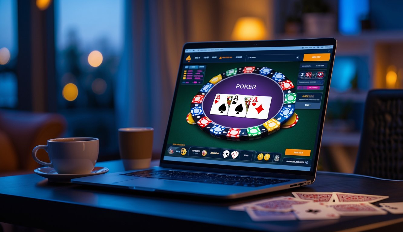 Seseorang bermain poker online di depan komputer dengan chip dan kartu poker di layar, di ruangan yang nyaman dengan pencahayaan redup.