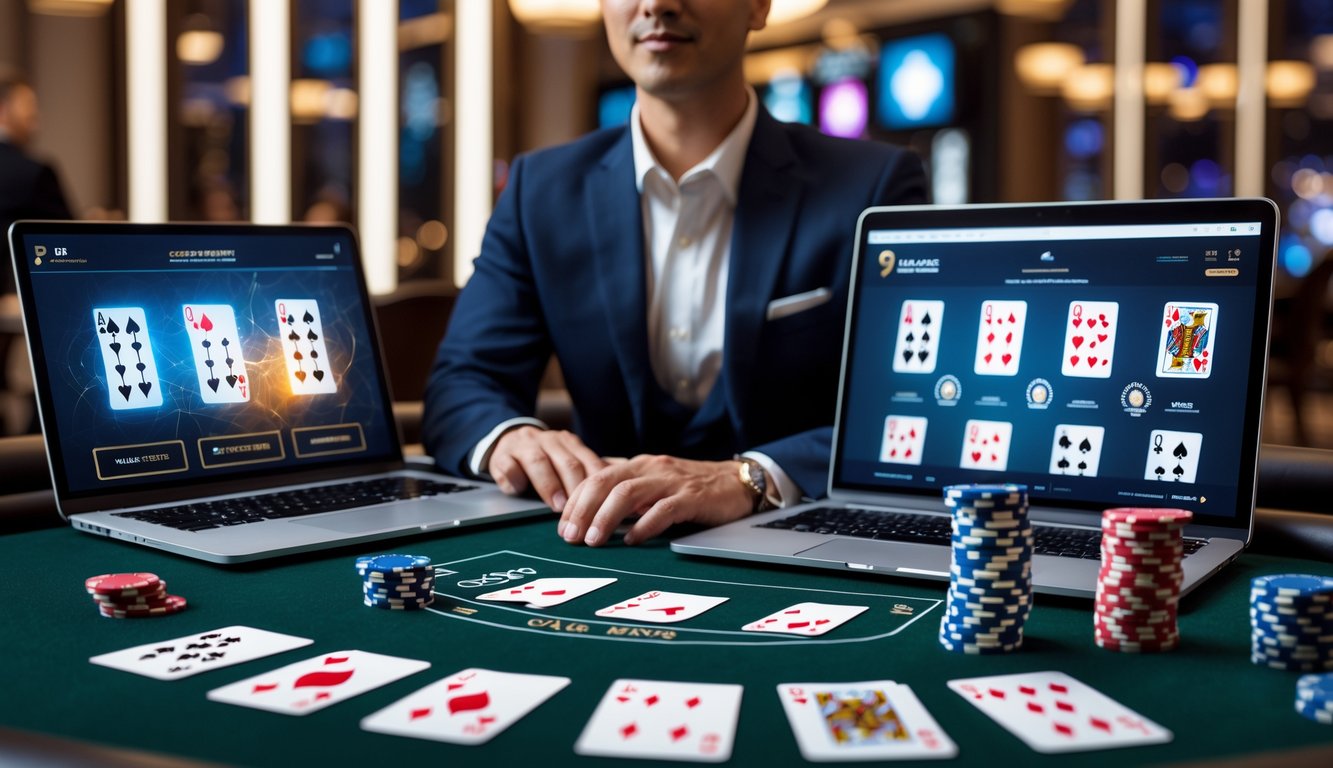 Seorang pria berpakaian rapi duduk di meja poker dengan chip dan kartu, di latar belakang suasana kasino mewah.