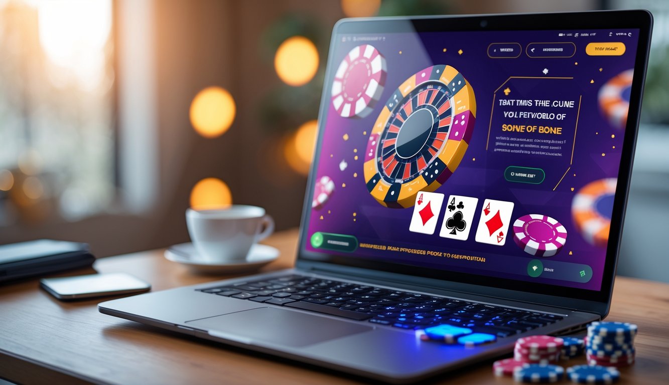 Seorang pengguna duduk di depan komputer yang menampilkan permainan poker online dengan tumpukan chip dan kartu di meja.