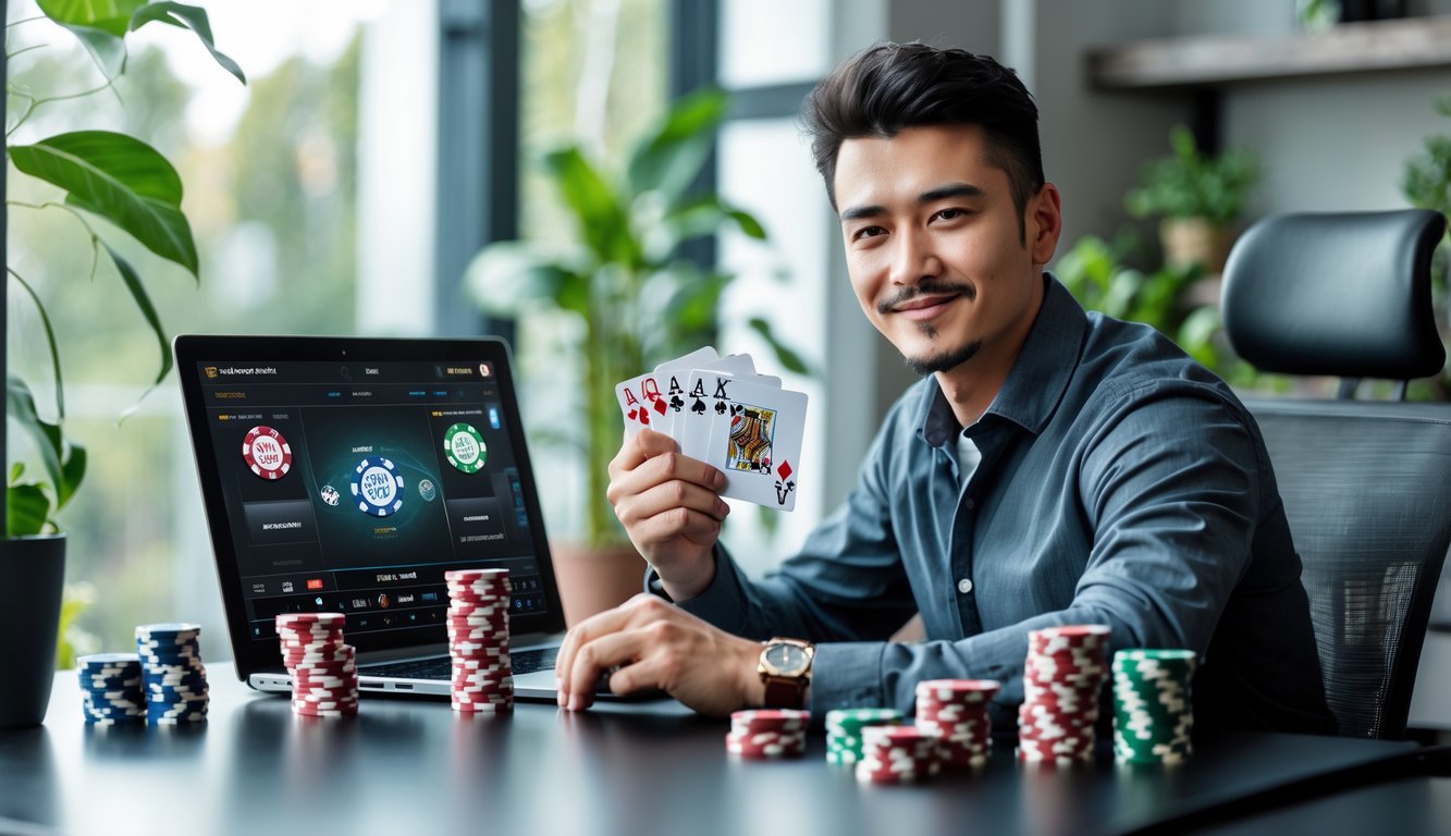 Seorang pria muda duduk di meja dengan laptop terbuka menampilkan permainan poker online, tersenyum sambil memegang kartu dan tumpukan chip poker di meja.
