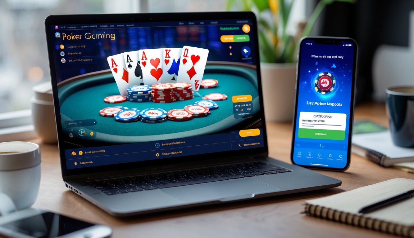 Seorang pemain poker online menggunakan laptop dan smartphone di meja kerja dengan suasana nyaman di rumah.