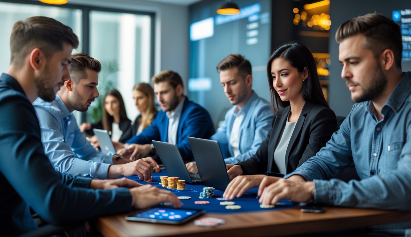 Sekelompok orang bermain poker online menggunakan laptop dan tablet di meja kayu dalam ruangan yang terang.