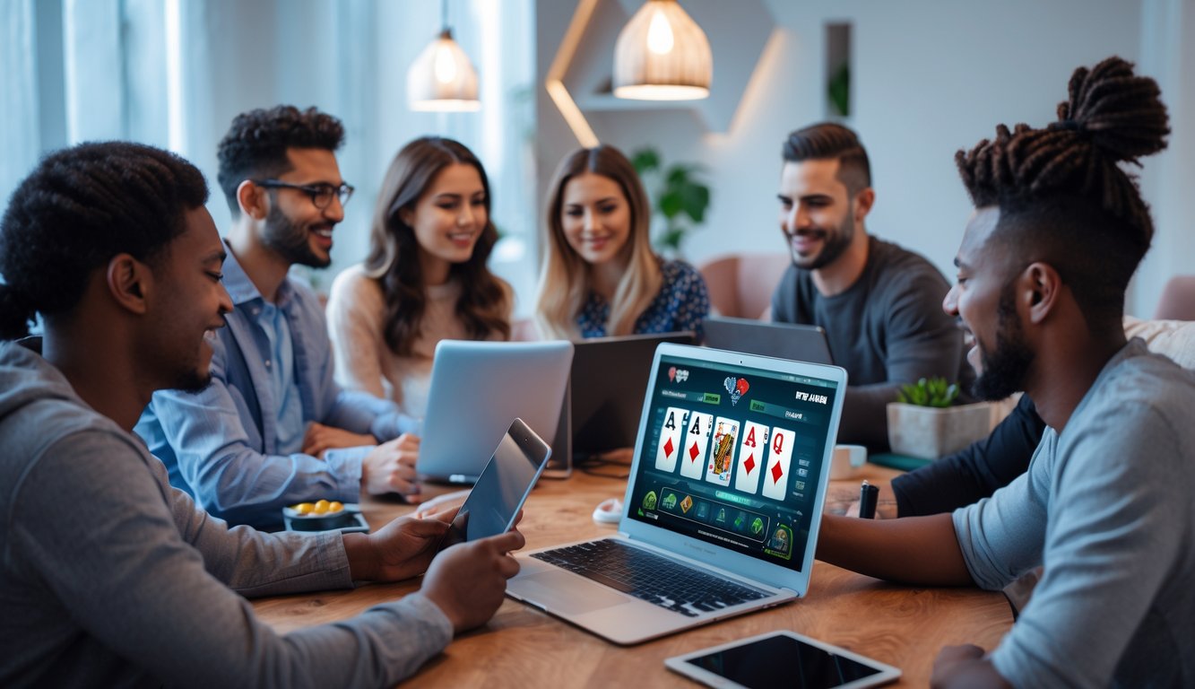 Sekelompok orang bermain poker online secara langsung menggunakan laptop dan tablet di ruangan modern yang terang.