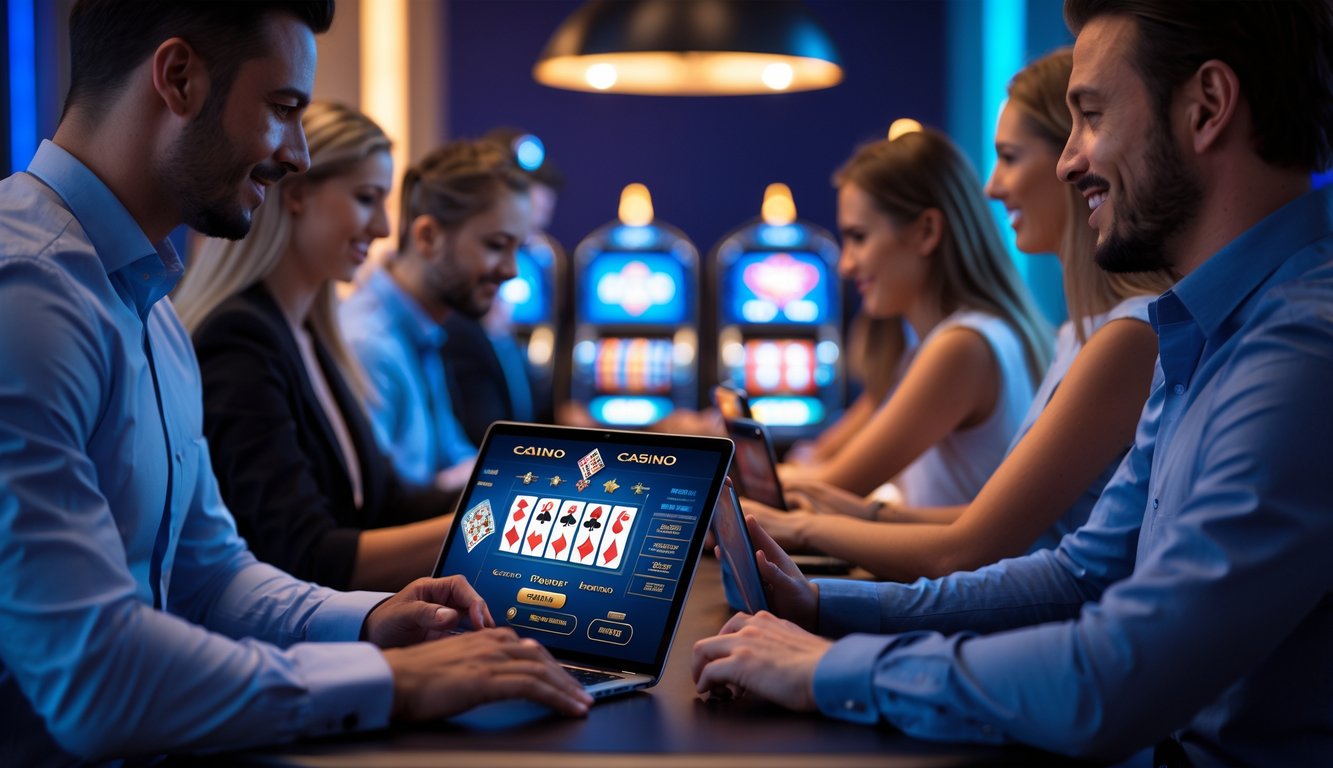 Beberapa orang menggunakan perangkat digital untuk bermain permainan kasino online di ruangan yang modern dan terang.