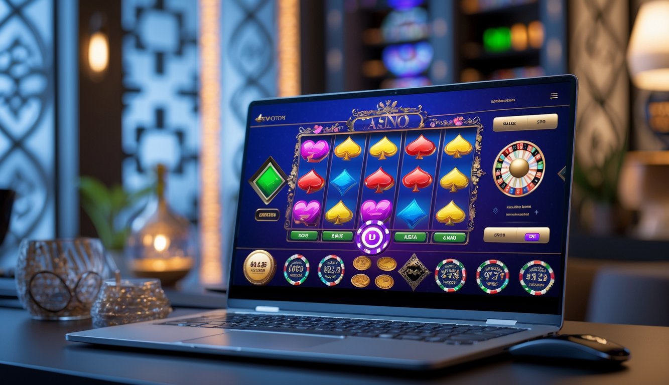 Seorang pengguna sedang bermain kasino online di komputer dengan latar belakang elemen budaya Indonesia.