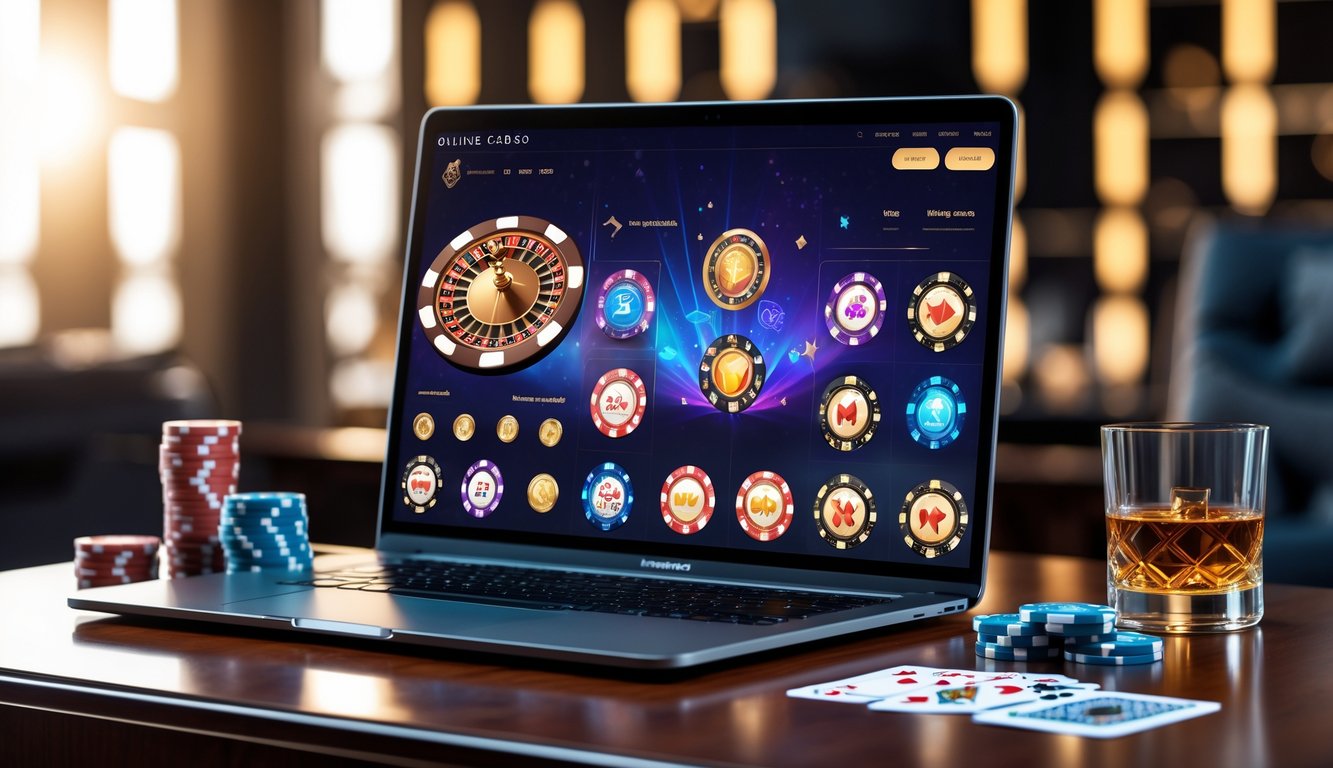 Sebuah komputer dengan tampilan permainan kasino online dan beberapa chip poker serta kartu di atas meja kayu.