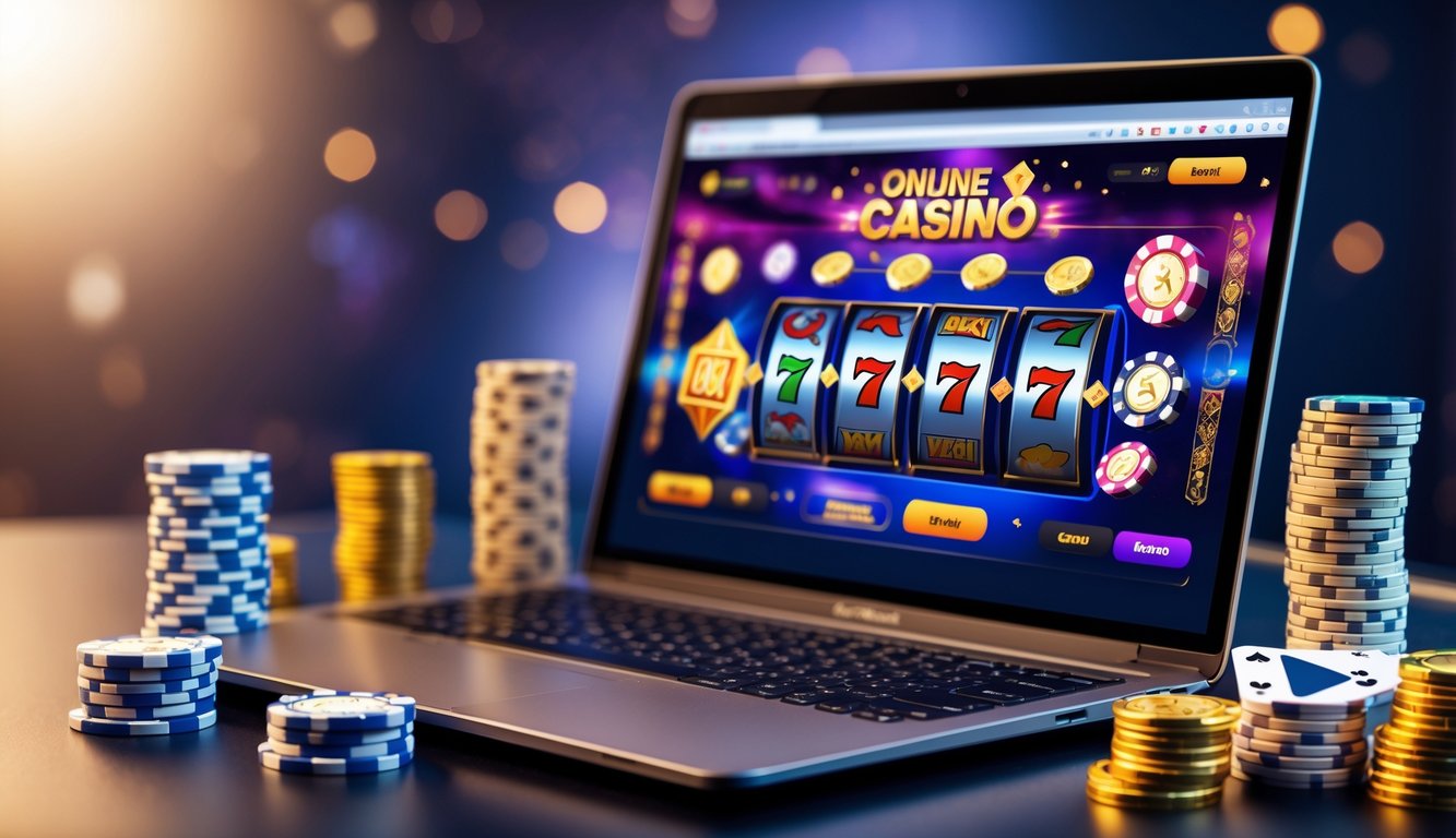 Laptop di atas meja dengan tampilan permainan kasino online dan beberapa chip kasino, kartu, serta koin di sekitarnya.