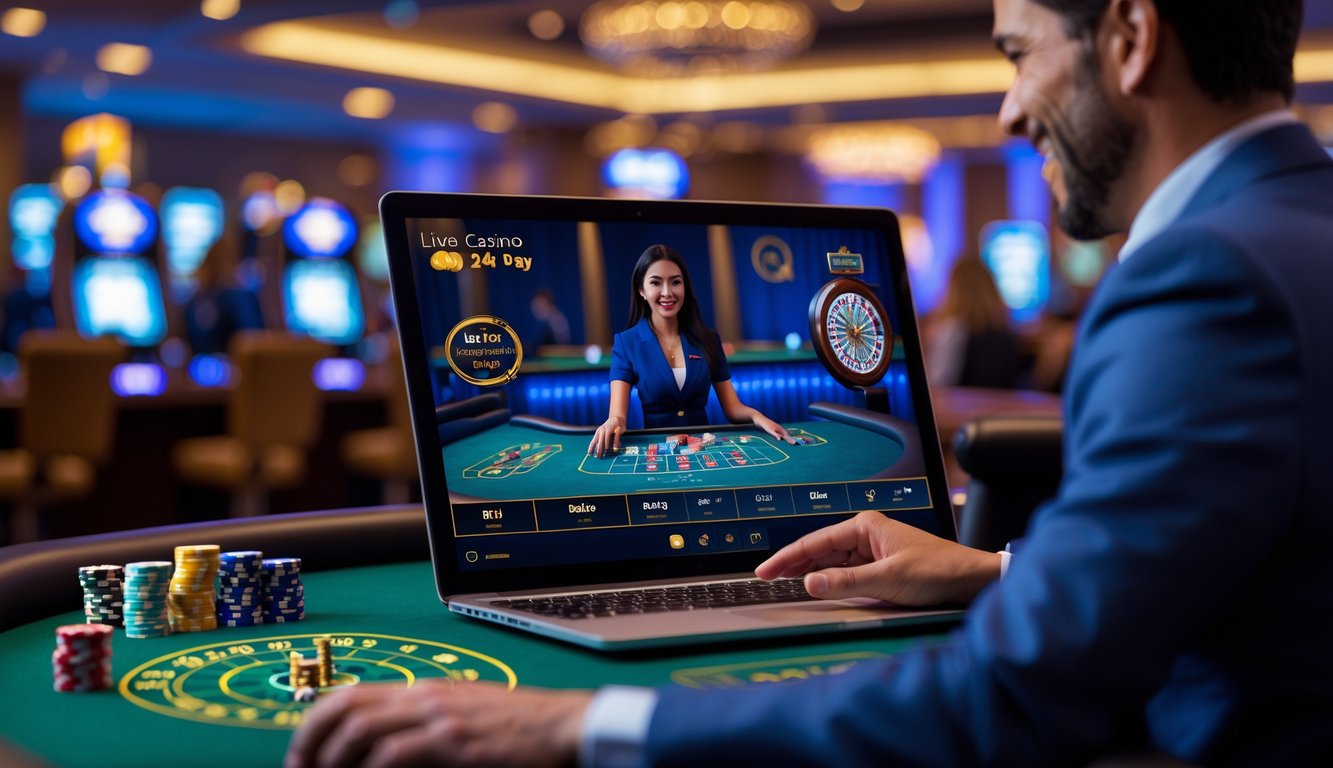 Suasana kasino online dengan dealer langsung di layar komputer dan peralatan kasino seperti chip dan roda roulette di latar belakang.