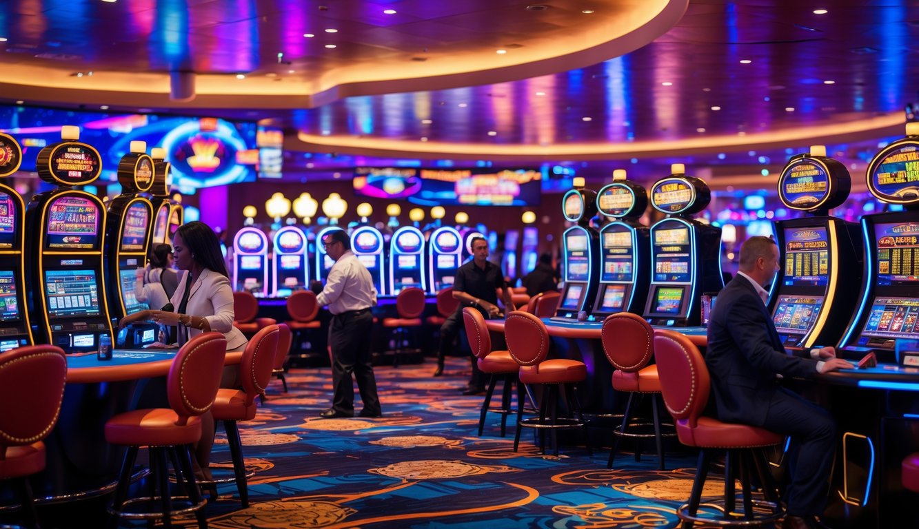 Suasana dalam kasino modern dengan mesin slot menyala dan meja permainan, orang-orang bermain dan dealer mengelola meja kartu.