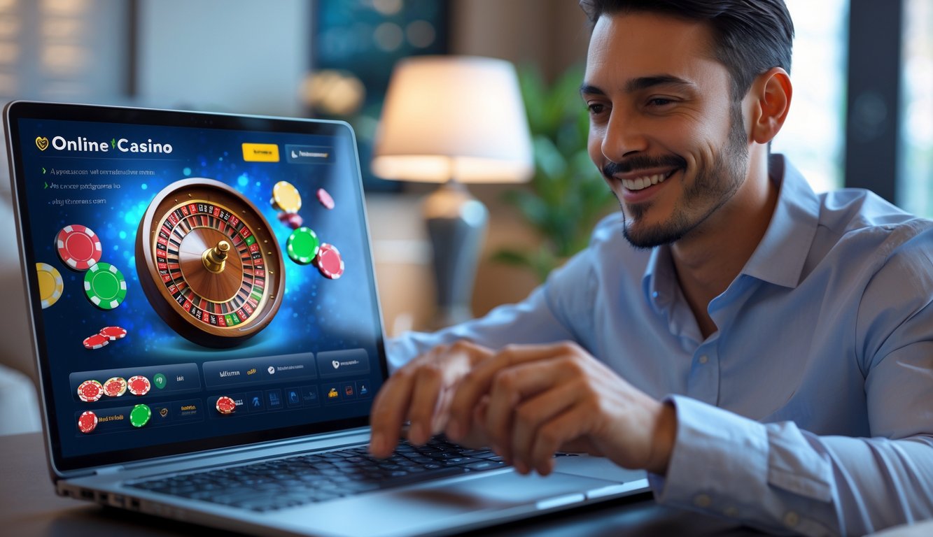 Seseorang menggunakan laptop di ruangan yang nyaman dengan tampilan permainan kasino online di layar.