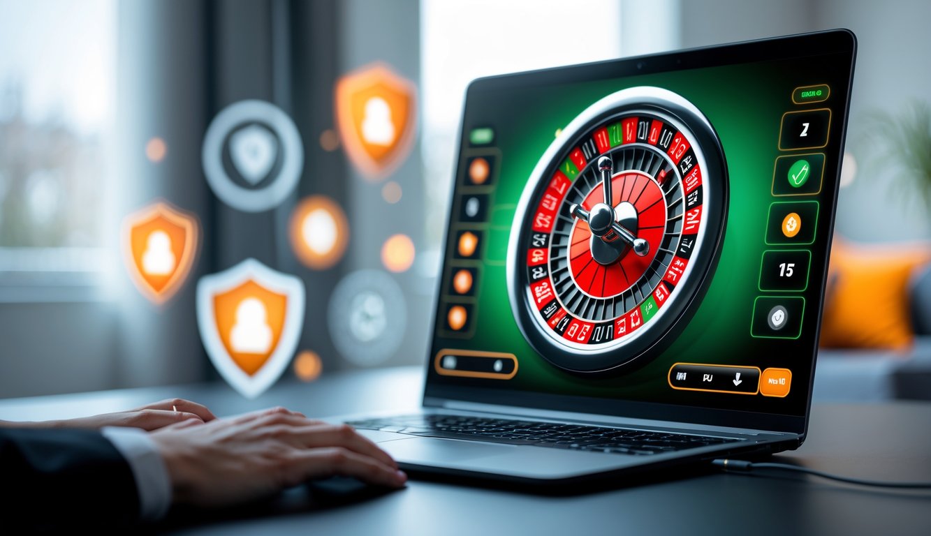 Sebuah komputer menampilkan permainan roulette online dengan roda roulette berwarna merah, hitam, dan hijau yang terlihat jelas.