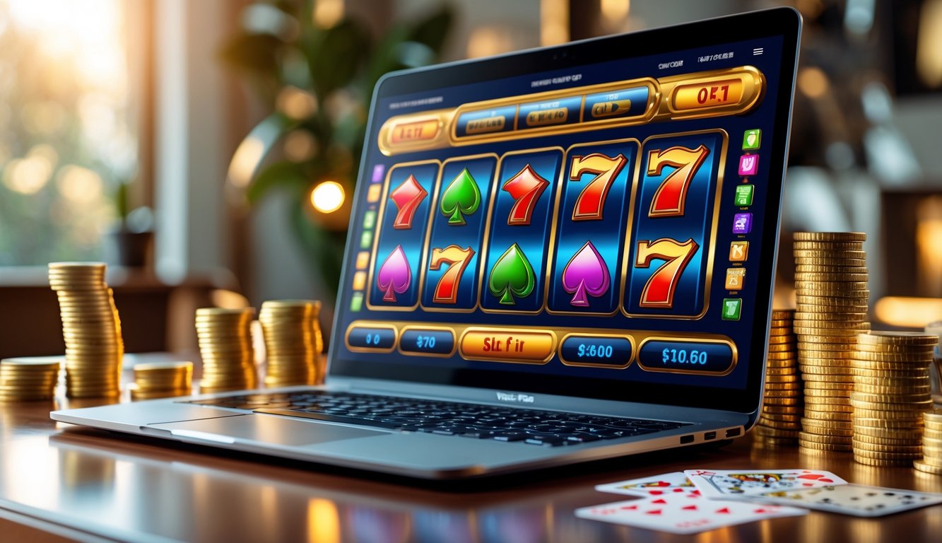Layar laptop menampilkan mesin slot kasino online dengan koin emas dan chip poker di sekitarnya di atas meja kayu.