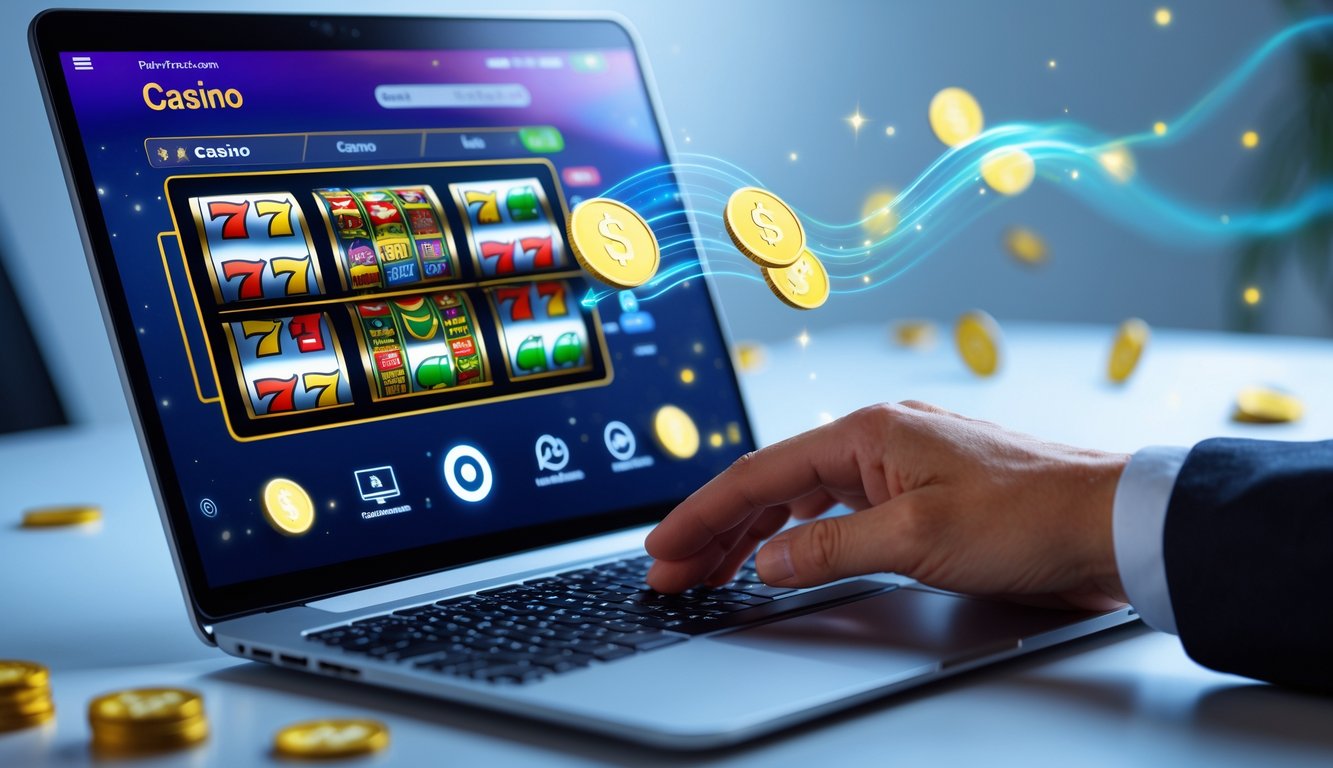 Seseorang menggunakan perangkat digital untuk bermain kasino online dengan fokus pada pembayaran cepat.