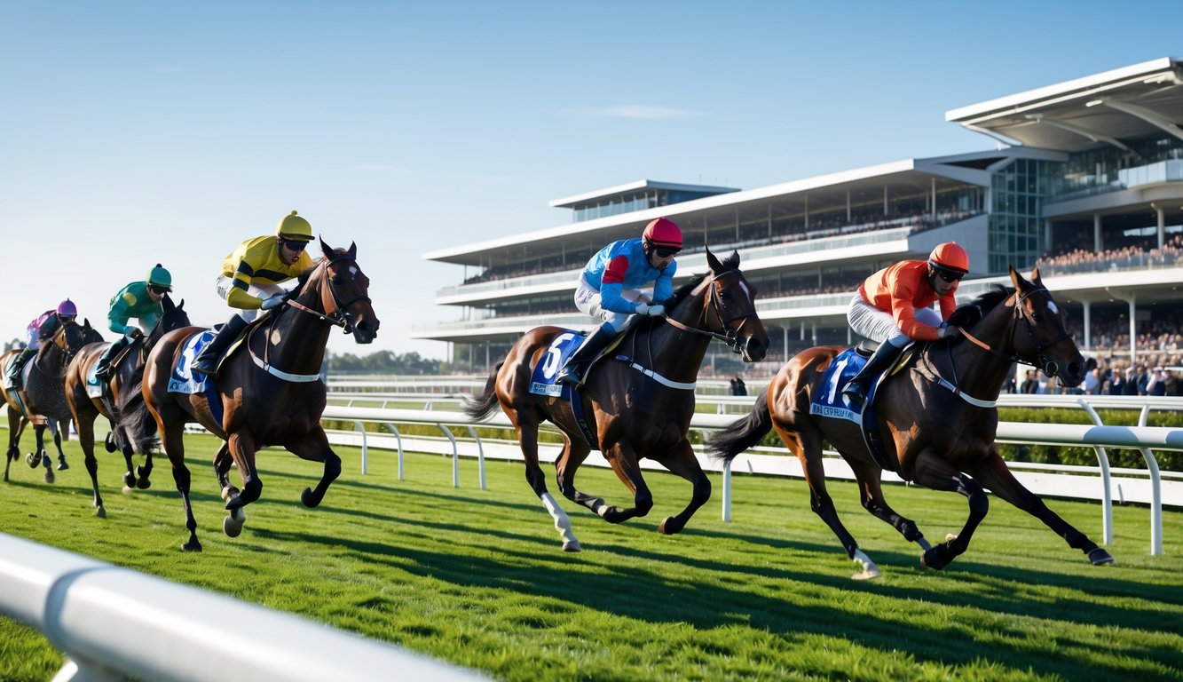 Beberapa kuda pacuan sedang berlari cepat di lintasan balap dengan joki mengenakan pakaian berwarna-warni, penonton terlihat di tribun besar di latar belakang.