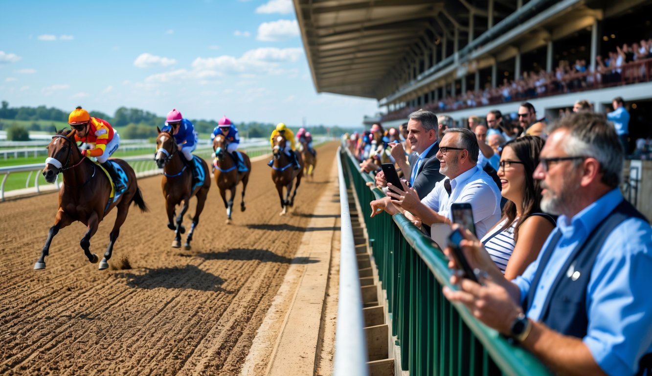 Beberapa kuda pacuan berlari cepat di lintasan dengan penonton dan petaruh yang antusias mengamati perlombaan.