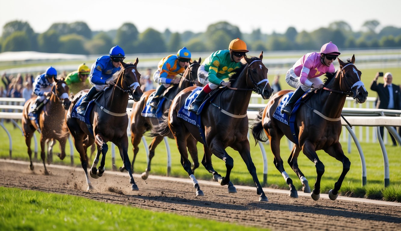 Beberapa kuda pacu sedang berlari di lintasan dengan joki mengenakan pakaian warna-warni, penonton terlihat di latar belakang.