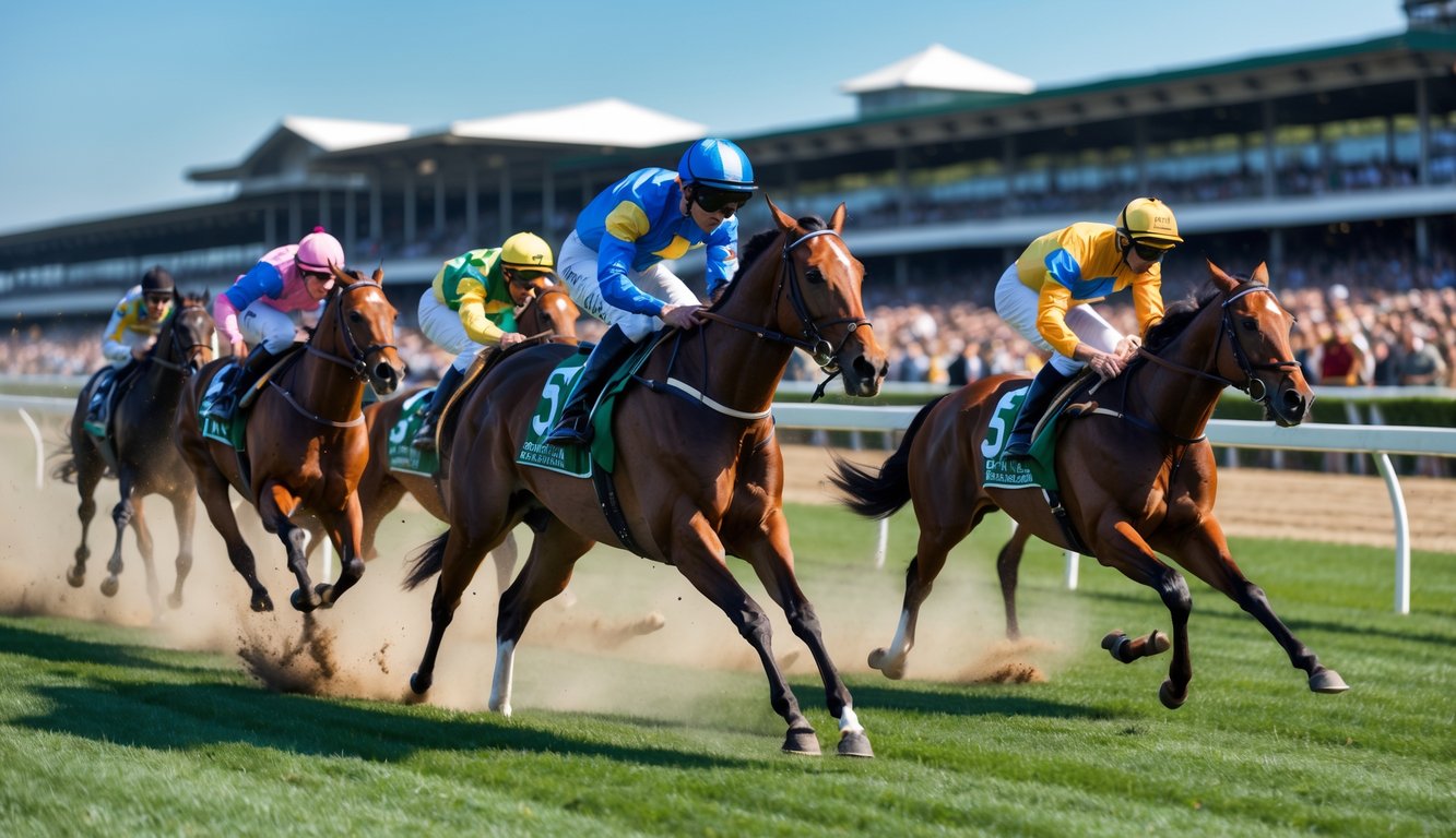 Beberapa kuda pacu dengan joki sedang berlari di lintasan balap di depan penonton ramai.