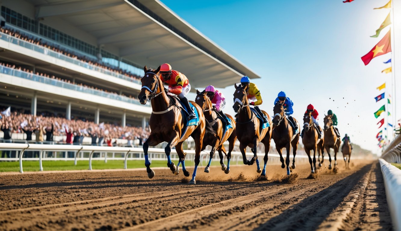 Beberapa kuda pacuan sedang berlari cepat di lintasan dengan joki mengenakan pakaian balap berwarna-warni, penonton ramai di tribun di latar belakang.