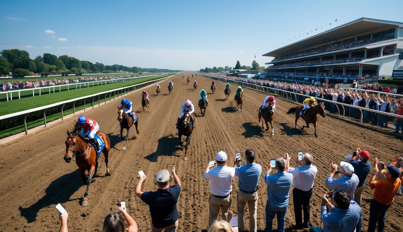 Kerumunan orang menonton balapan kuda secara langsung di lintasan dengan kuda dan joki sedang berlari cepat.
