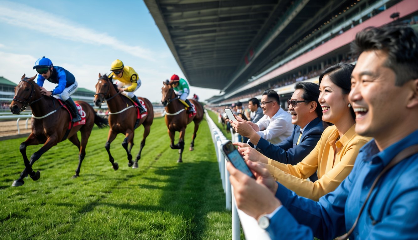 Seorang penonton Asia yang antusias menyaksikan balapan kuda dan memasang taruhan di trek balap yang ramai.