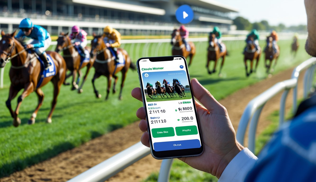 Seseorang memegang ponsel yang menampilkan aplikasi taruhan balap kuda dengan latar belakang arena balap kuda yang ramai dan beberapa kuda sedang berlari.