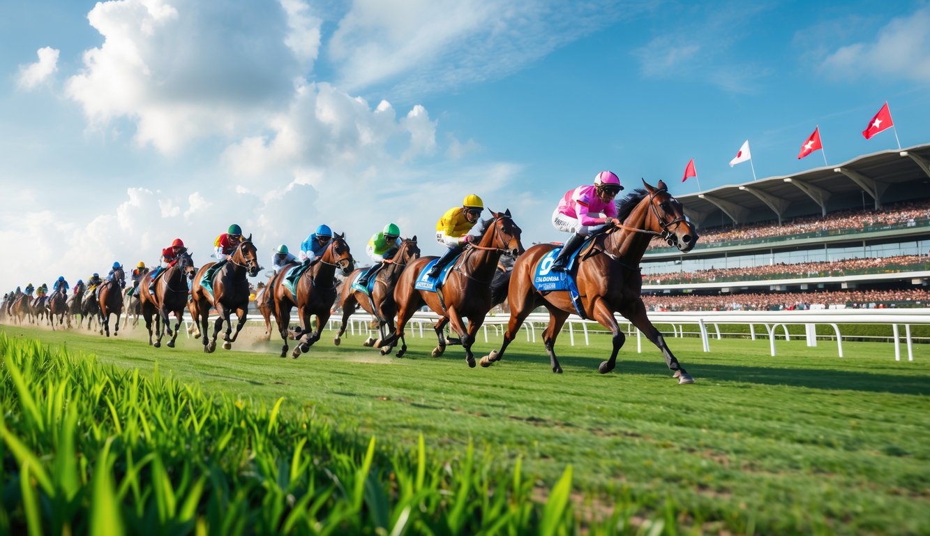Balapan kuda di lintasan dengan joki mengenakan pakaian berwarna-warni dan penonton yang antusias di latar belakang.