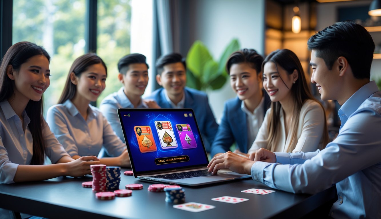 Beberapa orang muda bermain permainan kartu online di ruang kerja modern dengan laptop dan aksesori permainan di atas meja.