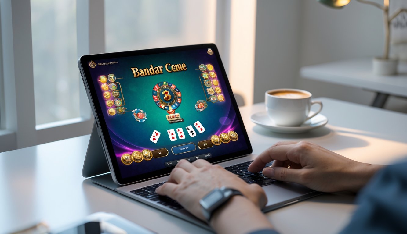 Sebuah laptop di atas meja menampilkan permainan Bandar Ceme online dengan kartu dan chip, dikelilingi oleh suasana nyaman dan pencahayaan alami.