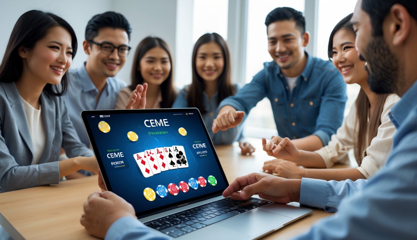 Orang-orang sedang bermain judi Ceme online dengan perangkat digital di ruangan yang terang dan ceria.