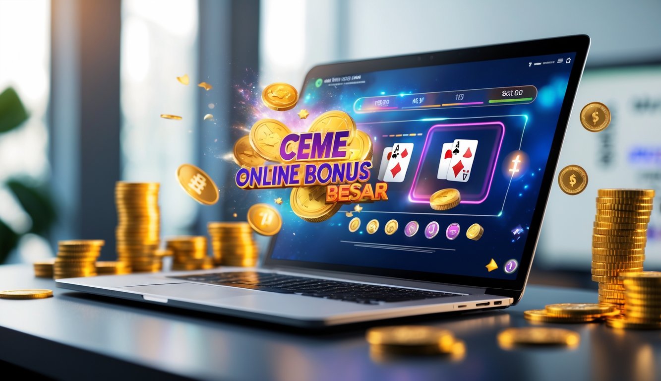 Seorang pria menggunakan laptop di meja kerja dengan tampilan permainan kartu online dan koin digital di sekitarnya.