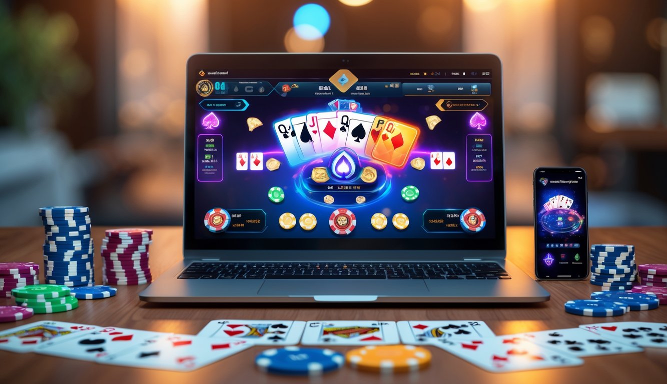 Seorang pria duduk di depan laptop dengan tampilan permainan kartu digital dan beberapa chip poker di meja kayu.