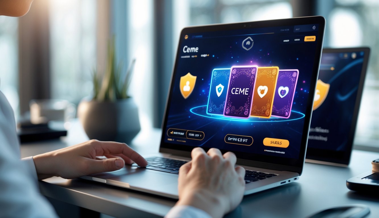 Seorang pria duduk di depan komputer dengan tampilan permainan kartu digital, menunjukkan suasana bermain Ceme online yang aman dan terpercaya.