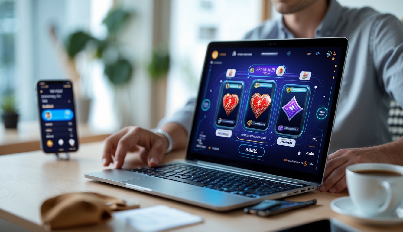 Seorang dewasa muda menggunakan laptop di ruang kerja yang rapi dengan layar menampilkan permainan kartu digital, di meja terdapat ponsel dan cangkir kopi.