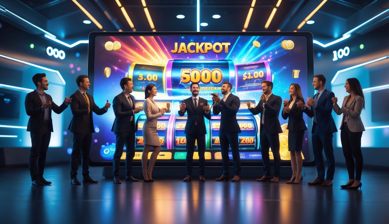 Sekelompok orang sedang berkumpul di depan layar digital besar yang menampilkan grafik jackpot dalam suasana penuh semangat dan antisipasi.