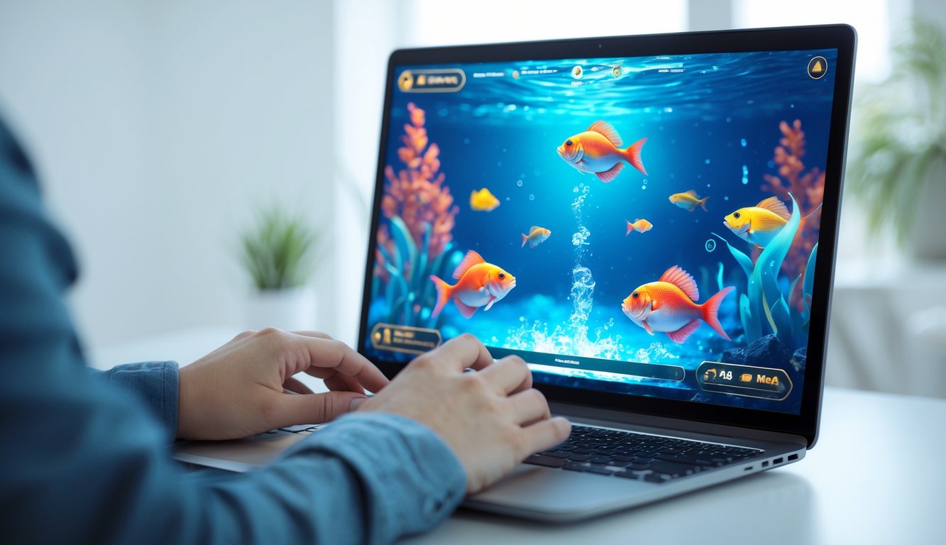 Seseorang menggunakan komputer dengan tampilan permainan menembak ikan berwarna-warni di layar.