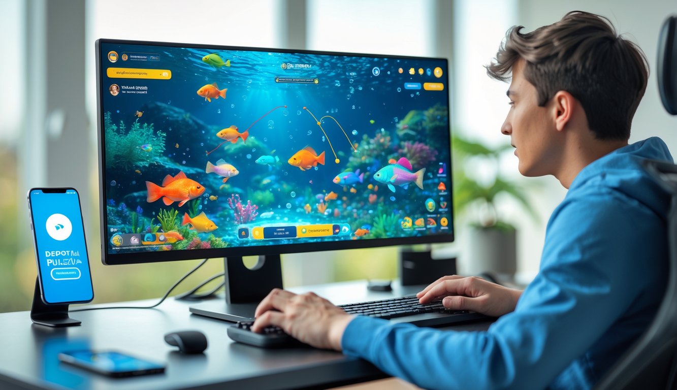 Seorang dewasa muda bermain game tembak ikan di komputer dengan ponsel di dekatnya yang menampilkan aplikasi pembayaran digital.