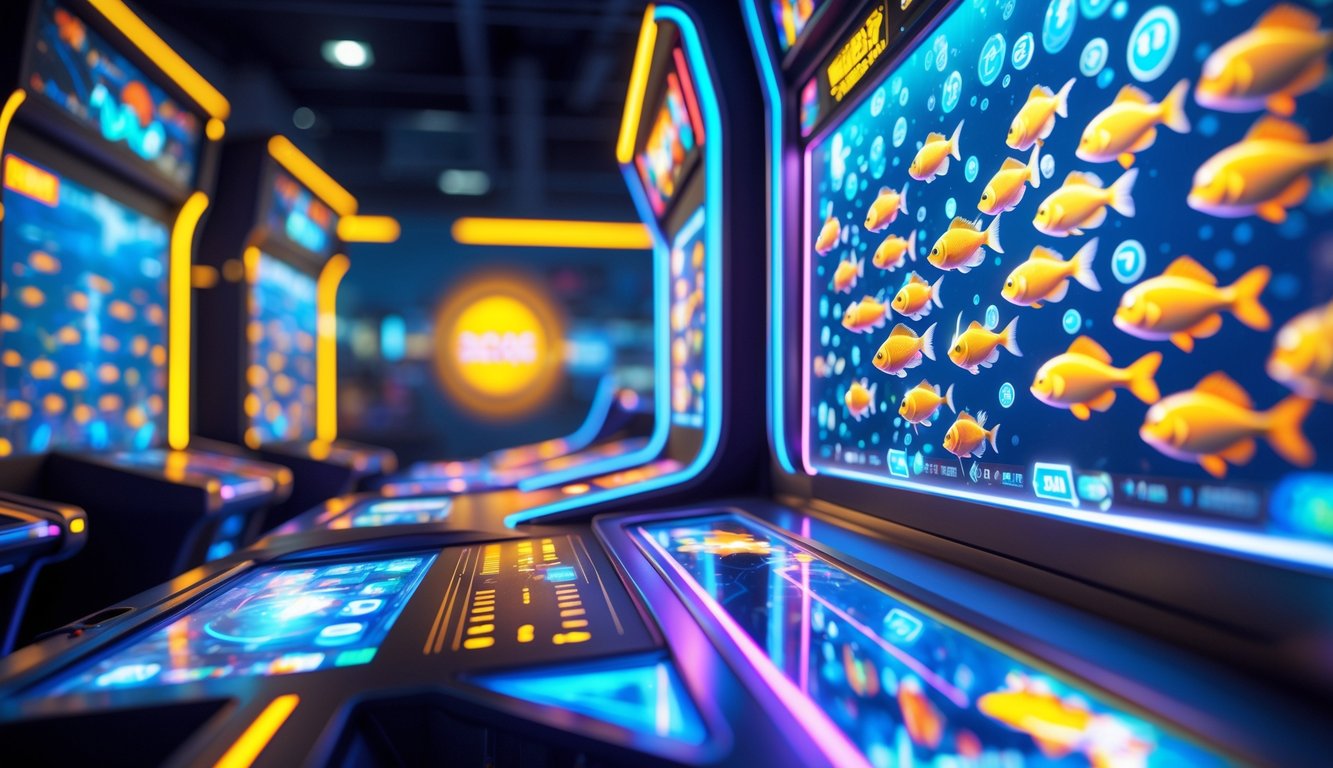 Mesin permainan tembak ikan modern dengan layar penuh warna menampilkan ikan-ikan animasi yang bergerak cepat di sebuah arcade futuristik.