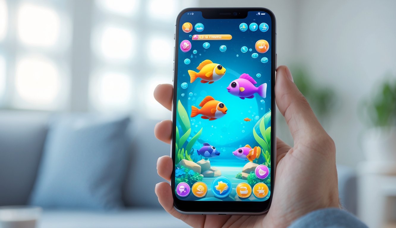 Seseorang memegang ponsel yang menampilkan permainan ikan di layar dengan latar belakang kabur.