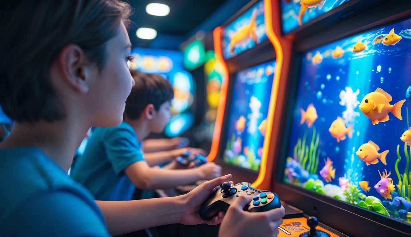 Seorang pemain sedang bermain permainan tembak ikan di pusat permainan dengan layar penuh warna dan suasana cerah.