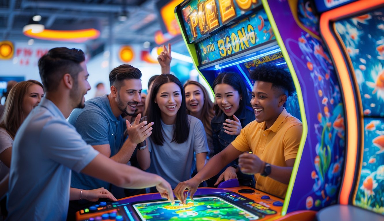 Seorang anggota baru sedang bermain permainan tembak ikan di arcade dengan orang lain yang tersenyum dan bersorak.