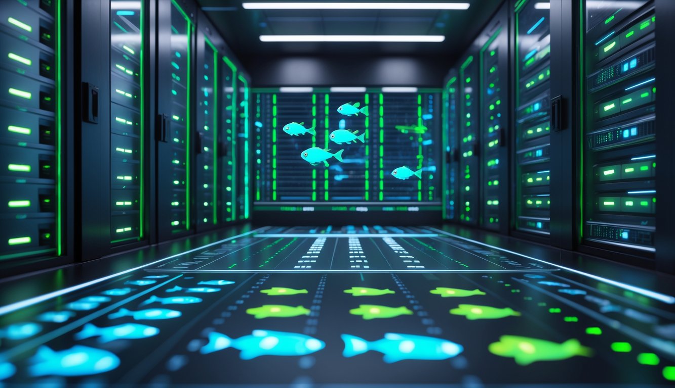 Ruang server modern dengan barisan server berlampu LED dan tampilan digital yang menunjukkan data permainan ikan bergerak cepat.
