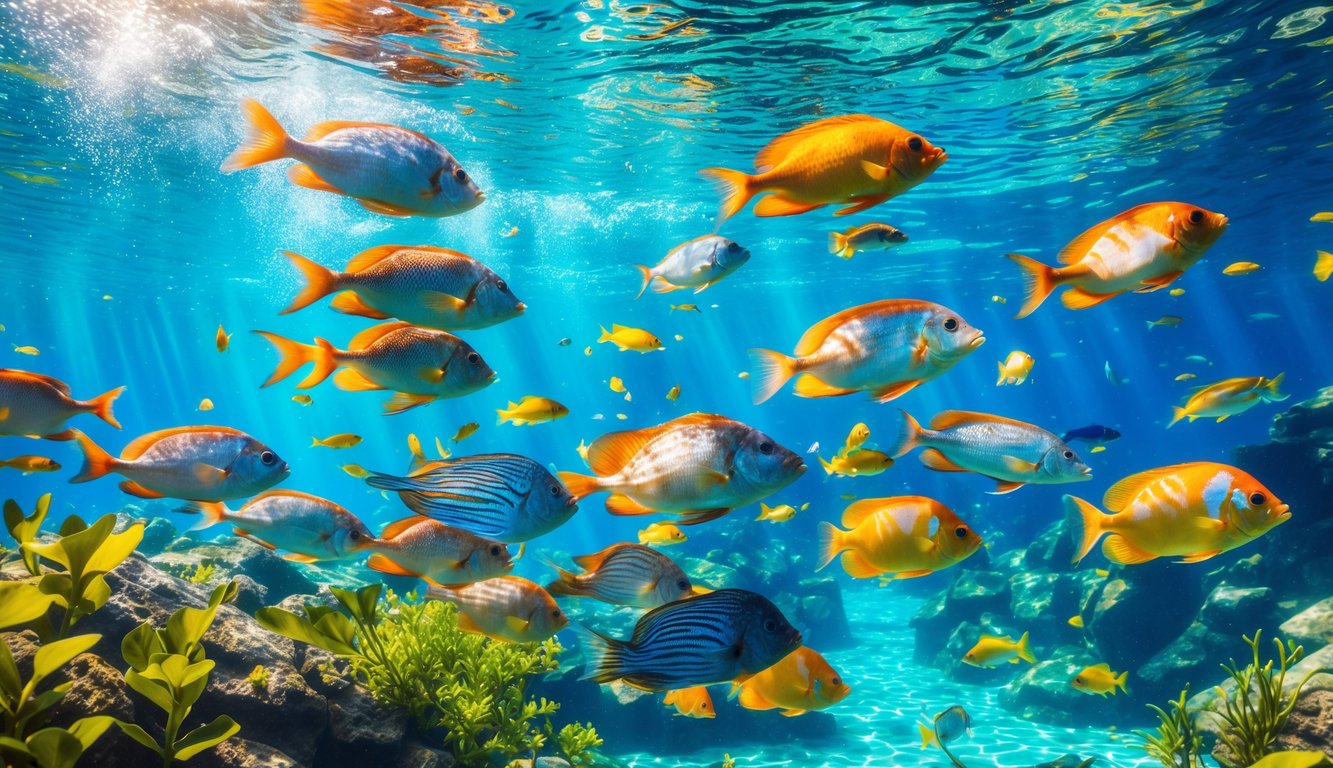 Pemandangan bawah laut dengan berbagai ikan berwarna-warni yang berenang di air jernih.