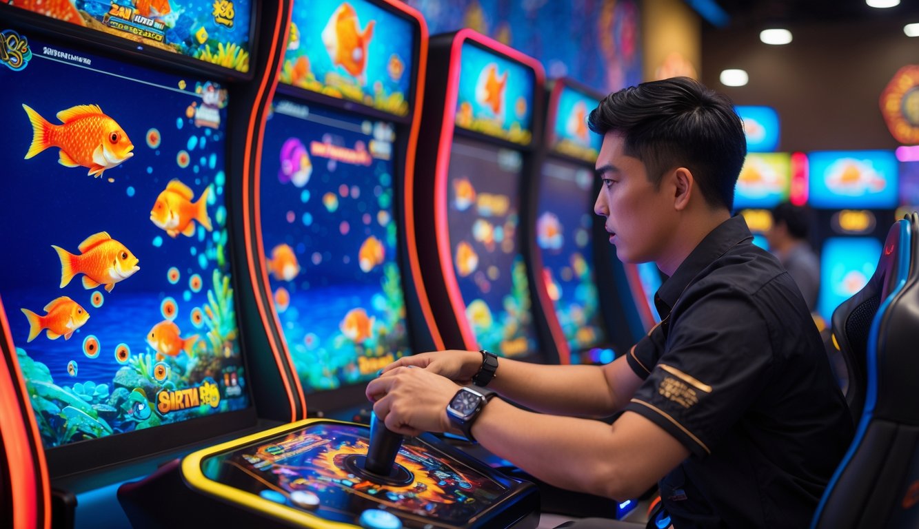 Seorang pria muda sedang bermain permainan tembak ikan di sebuah stasiun permainan dengan layar warna-warni yang menampilkan animasi ikan di bawah laut.
