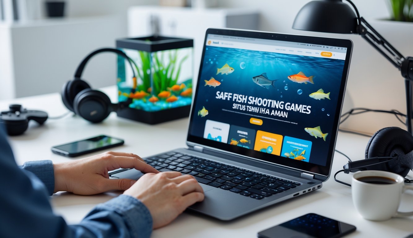 Sebuah laptop di meja kerja dengan gambar permainan ikan di layar, tangan seseorang menggunakan mouse dan keyboard, di latar belakang terdapat akuarium kecil dan aksesori permainan.